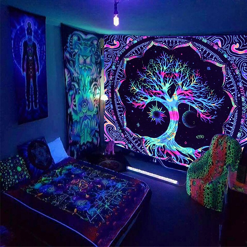 Blacklight Tapestry UV Reactive Glow in the Dark Glow Party Neon Tree of Life Psychedelic Trippy Misty Hanging Tapestry Wall Art Mural for Living Room Bedroom