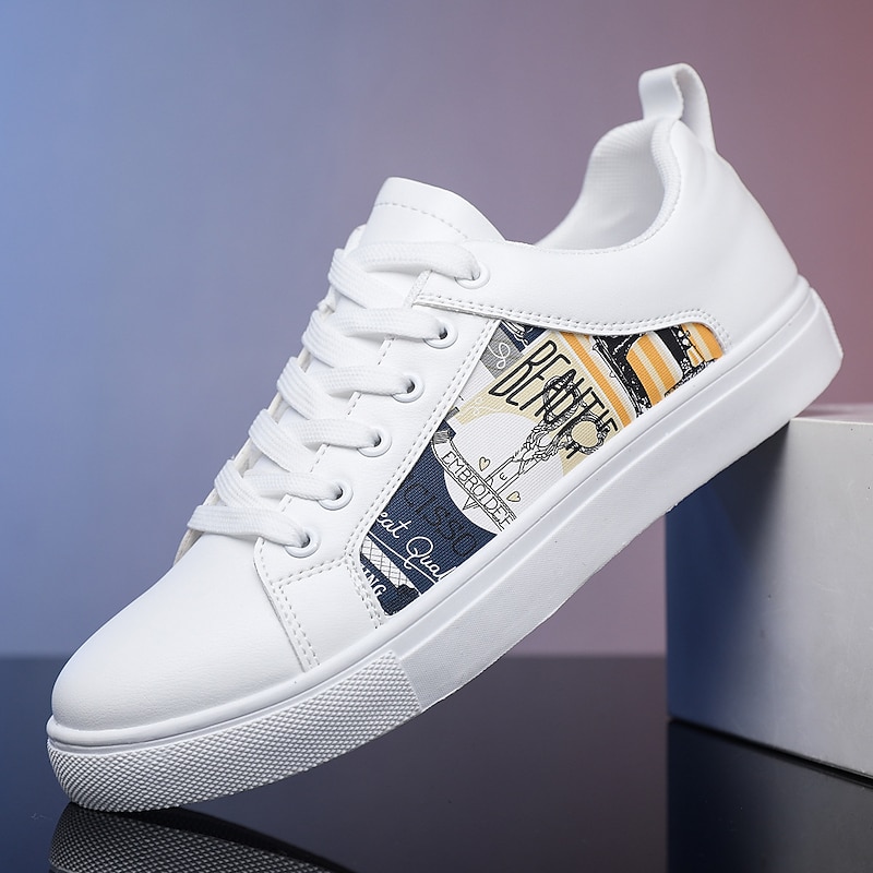 Men's White Casual Graphic Sneakers - Stylish Lace-Up Low-Top Shoes with Black and White Print for Streetwear and Everyday Wear2