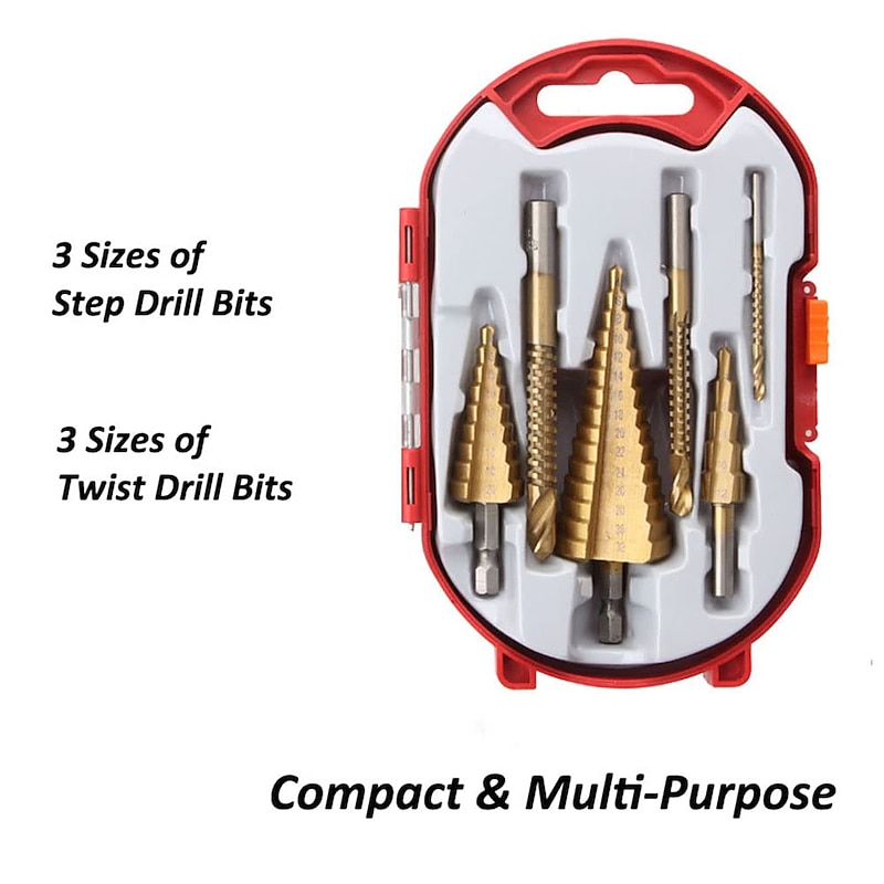 6 Pcs Titanium Plating Drill Bit Set 2022 High Speed Reaming Pagoda Sawtooth Set Premium Metal Step Drill Bit Multiple Hole Stepped Up Bits for DIY Lovers 8