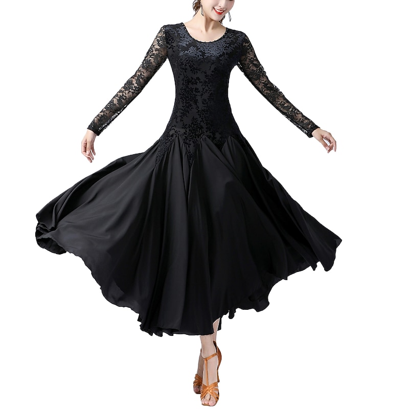 Ballroom Dance Dress Splicing Women's Performance Training Long Sleeve High Velvet