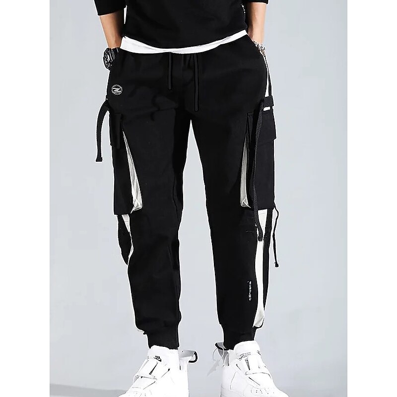 Men's Cargo Pants Cargo Trousers Joggers Trousers Techwear Drawstring Elastic Waist Multi Pocket Color Block Letter Embroidery Casual Daily Streetwear Hip Hop Black2