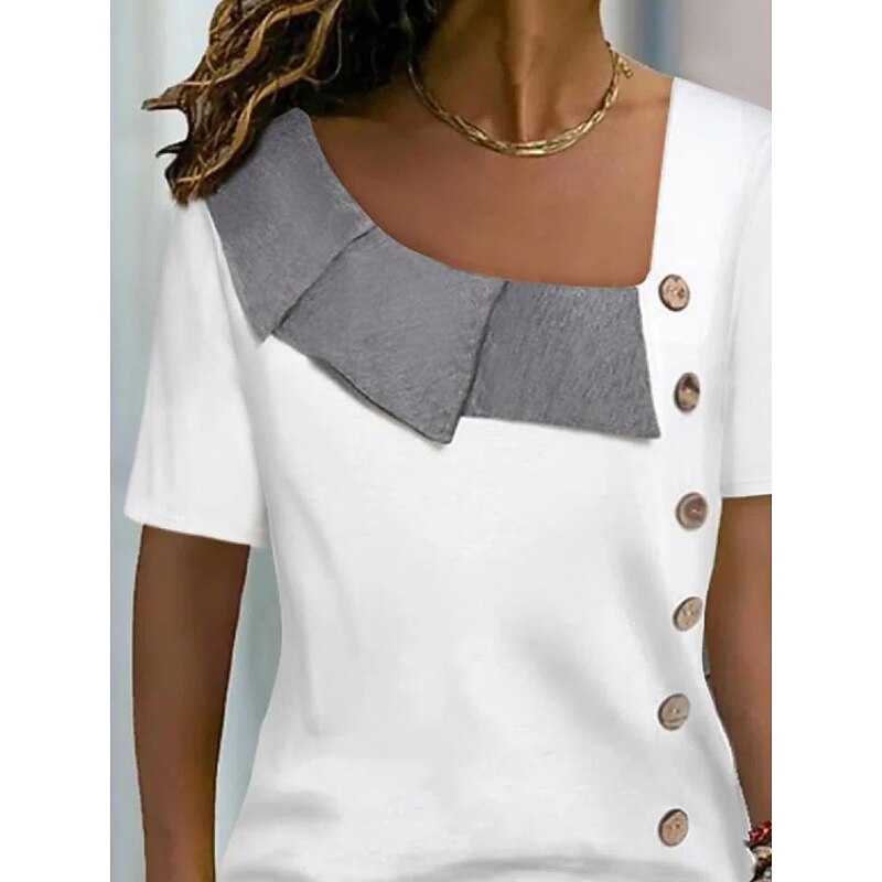 Women's Shirt Blouse Streetwear Casual Color Block Buttons Print Short Sleeve Regular Tops V Neck Daily Weekend White Yellow Blue3