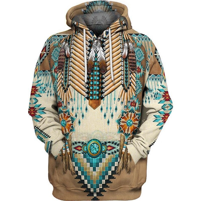 Men's Tribal Graphic Prints Hoodie Hoodies Sweatshirt Streetwear Ethnic Long Sleeve Hooded Sports & Outdoor Daily Sports Brown Khaki Print Spring &  Fall Designer
