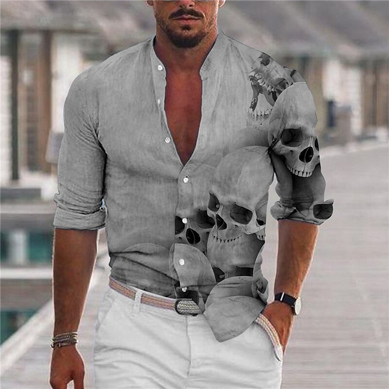 Men's Shirt Graphic Shirt Skull Stand Collar Black White+Black White Light Grey Gray 3D Print Outdoor Halloween Long Sleeve Print Button-Down Clothing Apparel Fashion Designer Casual Comfortable