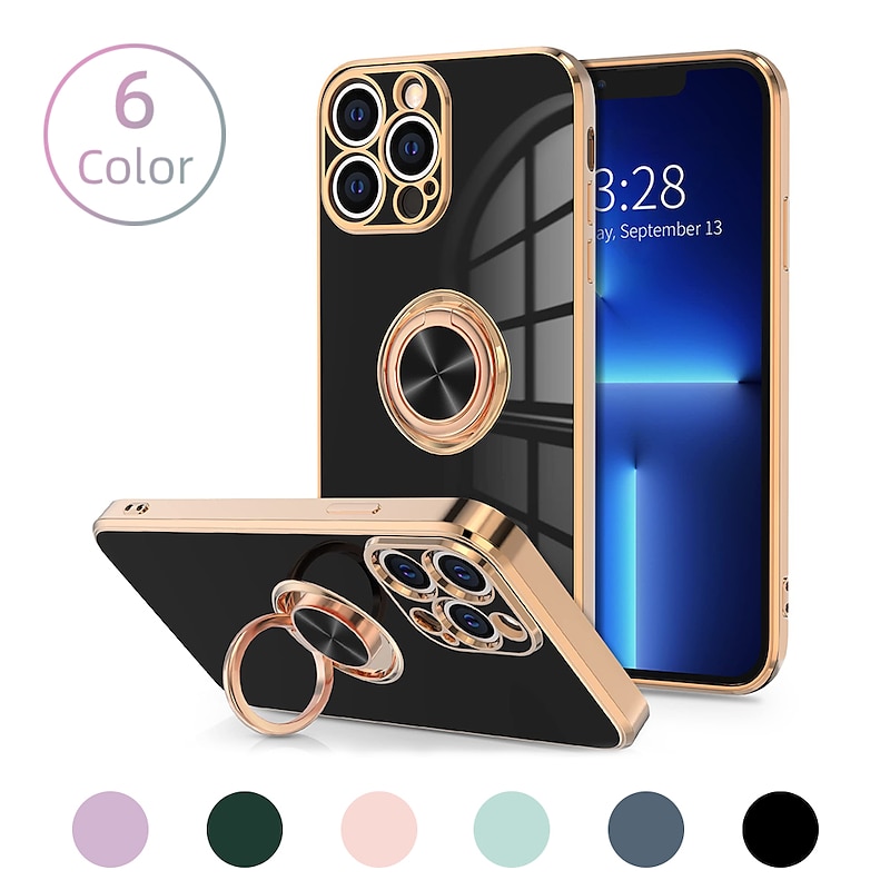 Phone Case For iPhone 16 15 14 Pro Max Plus 16e 13 12 11 Pro Max Mini Back Cover with Stand Holder Ring Holder Camera Lens Protector TPU Plating