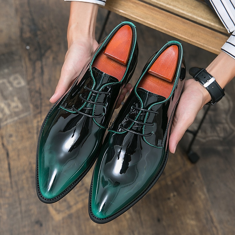 Men's Green Gradient Patent Leather Oxford Dress Shoes, Shiny Lace - Up Formal Shoes for Weddings Business Events2