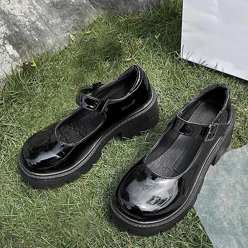 Women's Black Patent Leather Platform Mary Jane Shoes with Chunky Lug Sole and Buckle Strap, Gothic Y2K Style for School, Streetwear, and Casual Outings3