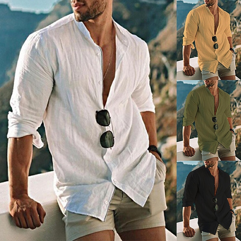 Men's Shirt Linen Shirt Band Collar Shirt Summer Shirt Beach Wear Button Up Shirt Solid Color Outdoor Vacation Black White Yellow Light Green Long Sleeve Collar Spring Fall Clothing Apparel