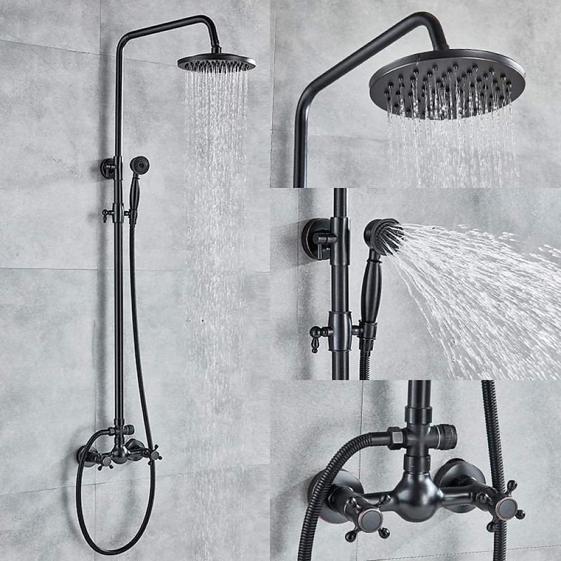 Shower Faucet,Copper Shower System Set Rainfall Antique Oil-rubbed Bronze Two Handles Three Holes Bath Shower Mixer Taps with Hot and Cold Switch and Ceramic Valve