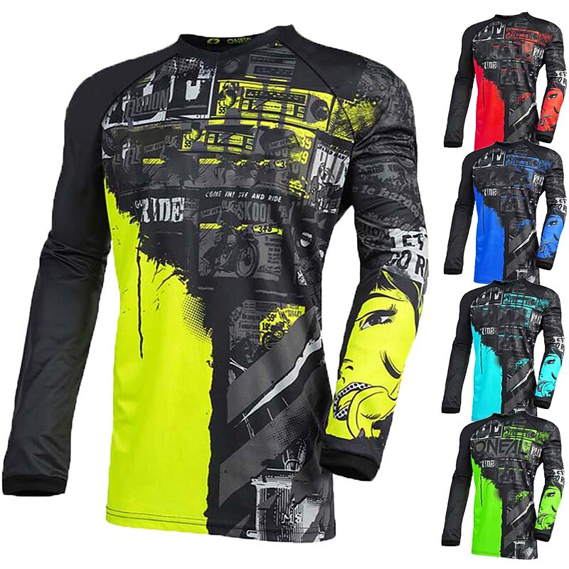 Men's Downhill Jersey Color Block Funny Long Sleeve Bike Jersey Top with 3 Rear Pockets Mountain Bike MTB Road Bike Cycling Quick Dry Soft Comfortable Moisture Wicking Sports Black Yellow Red