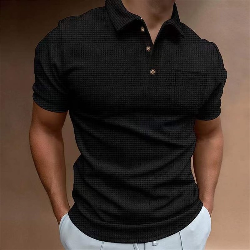 Men's Waffle Polo Shirt Golf Shirt Casual Daily Polo Collar Classic Short Sleeve Fashion Modern Solid Colored Pocket Button Front Spring & Summer Regular Fit Black White Blue Khaki Gray Waffle Polo4