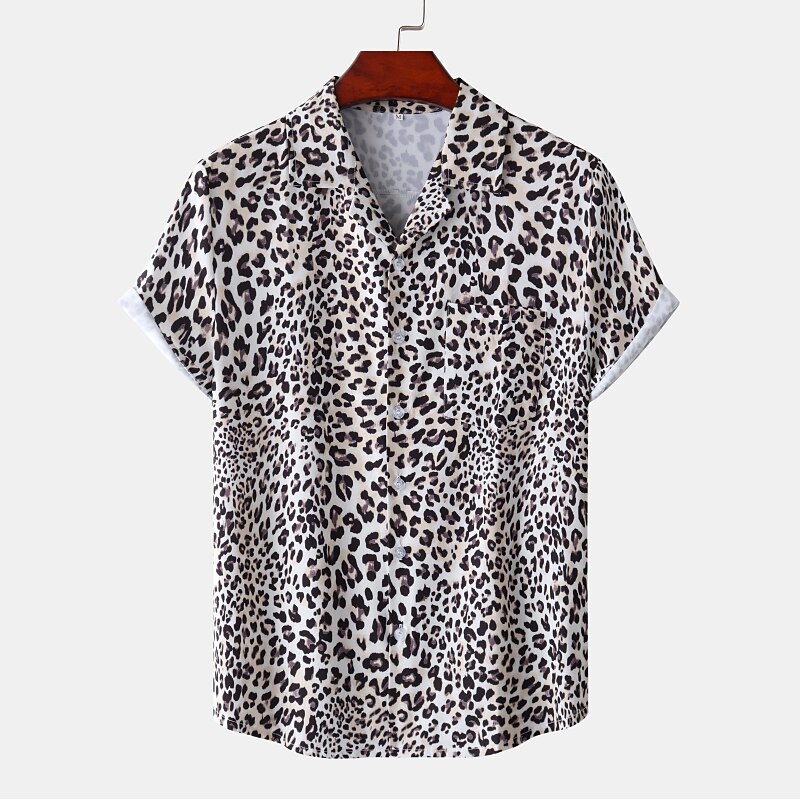 Men's Leopard Shirt Button Up Shirt Short Sleeve Tropical Hawaiian Designer Casual Daily Holiday Turndown Black / Gray White Pink Navy Blue Blue3