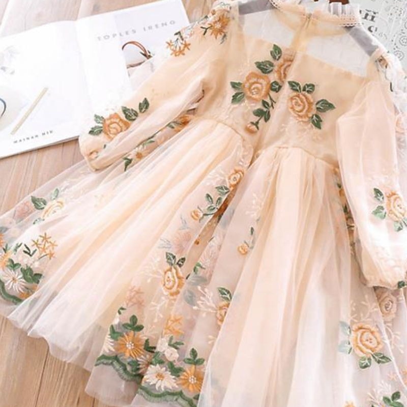 Kids Girls' Dress Floral Long Sleeve School Vacation Print Princess Sweet Polyester Asymmetrical A Line Dress Fall Winter 3-10 Years Pink Beige3