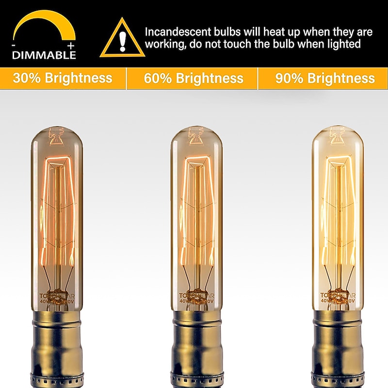 T10 Vintage Edison Light Bulb 40 Watt Dimmable Antique Tubular Old Fashioned Incandescent Bulb Warm White E26/E27 Base Amber Glass Lamp for Home Light Fixtures Decorative AC220V AC110V4