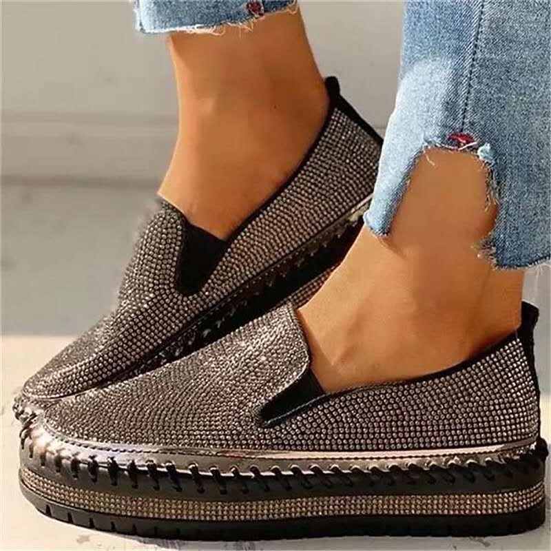 Women's Slip-Ons Comfort Shoes Plus Size Daily Rhinestone Flat Heel Round Toe Casual PU Leather Loafer Solid Colored Silver Black Pink3