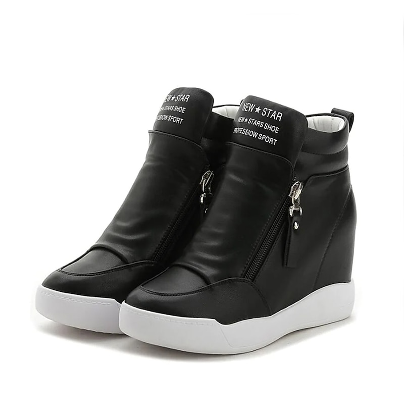 Women's High-Top Wedge Ankle Boots with Side Zipper – Casual Sporty Faux Leather Boots for Everyday Wear