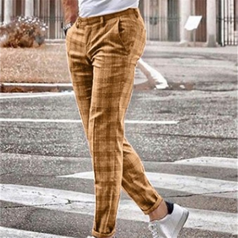 Men's Trousers Chinos Jogger Pants Plaid Dress Pants Pocket Straight Leg Plaid Comfort Breathable Casual Daily Streetwear Sports Fashion Yellow Blue Micro-elastic2