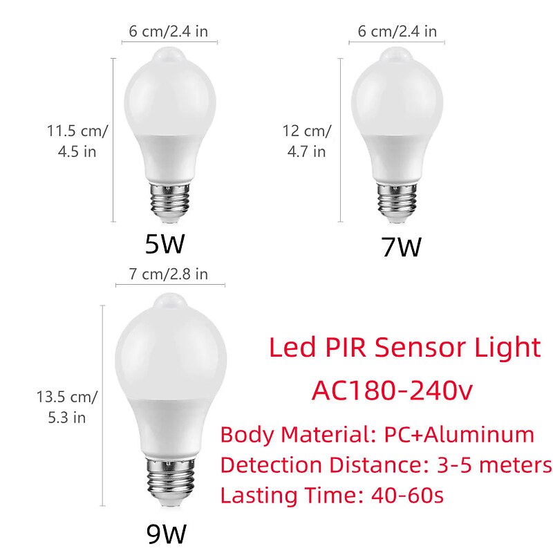 4pcs 9W E27 LED Night Light Bulb Lamp With Motion Sensor PIR Movement Detection Sensor A60 A19 220V4