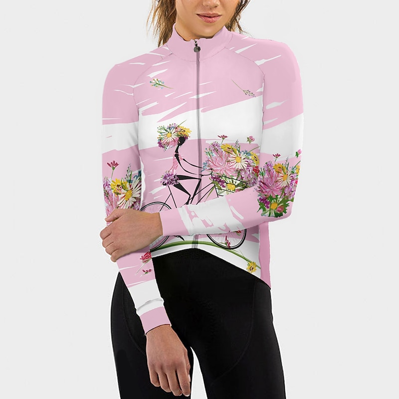 Women's Cycling Jersey Patterned Floral Botanical Flower Long Sleeve Bike Jersey Top with 3 Rear Pockets Mountain Bike MTB Road Bike Cycling Quick Dry Front Zipper Soft Back Pocket Sports White Pink2