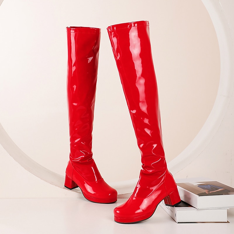 Women's Black Patent Leather Over-the-Knee Boots with Chunky Heel, Stylish and Sleek for Night Out and Party Wear3