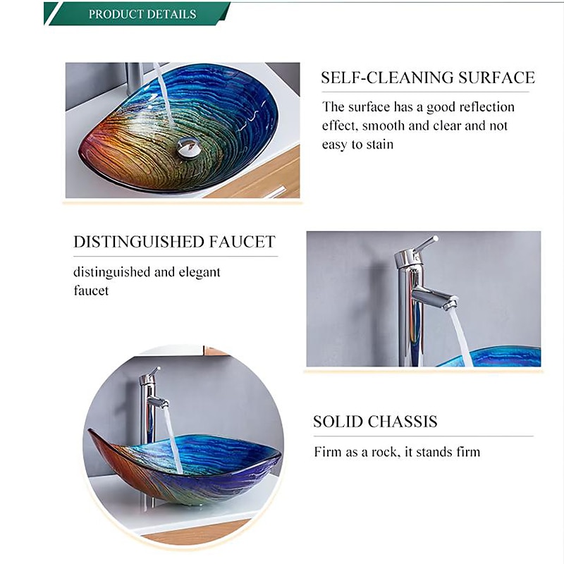 Bathroom Vessel Sink Rectangular 21"x15", Sink Mixer Faucet and Drain Combo with Pop-up Drain, Boat Shape Color Tempered Glass Artistic Vanity Sink Bowl, Above Counter Washroom Sink Art Wash Basin3