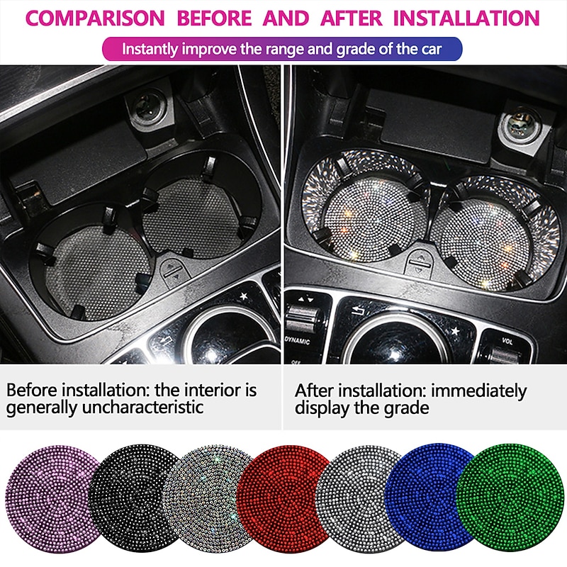2pcs Bling Car Cup Holder Coaster 2.75 inch Anti-Slip Shockproof Universal Fashion Vehicle Car Coasters Insert Bling Rhinestone Auto Automotive Interior Accessories for Women3