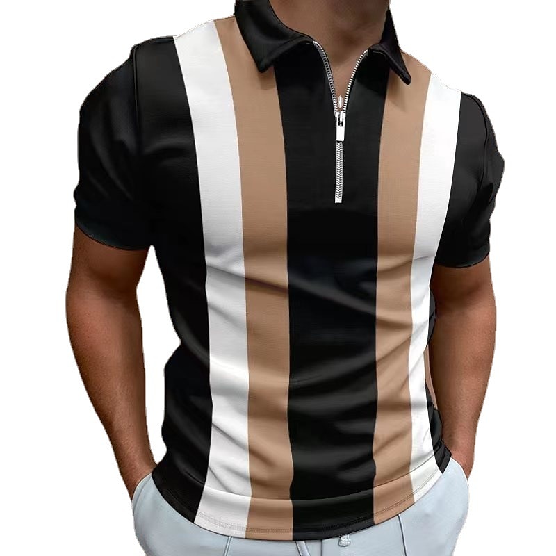 Men's Striped Zip Polo Shirts Golf Shirt Short Sleeve Polo Shirts Collared Shirts Business Casual WorkWear Formal Wear Festival Wear 3D Print Quarter Zip Polo Brown Green Gray