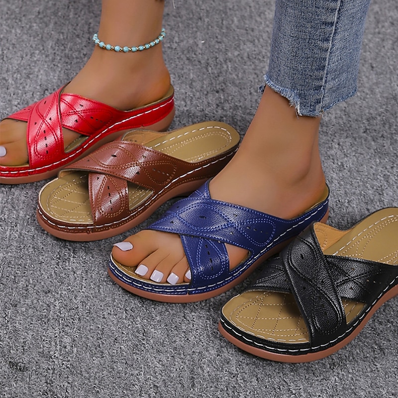 Women's Brown Slip-On Wedge Sandals – Breathable Cut-Out Design Comfort Slides for Casual Summer Wear, Walking & Travel2