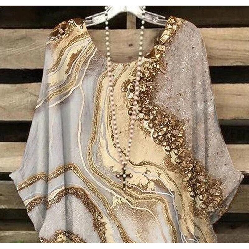 Women's Plus Size Blouse Chiffon Basic Casual Print Dolman Sleeve Crew Neck Vacation Daily Yellow Spring Fall2