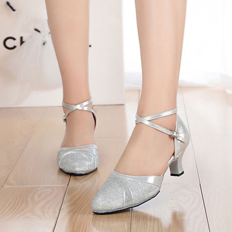 Women's Silver Latin Dance Shoes – Sparkly Cross Strap Low Heel Ballroom Shoes for Salsa, Tango, and Performance Practice3