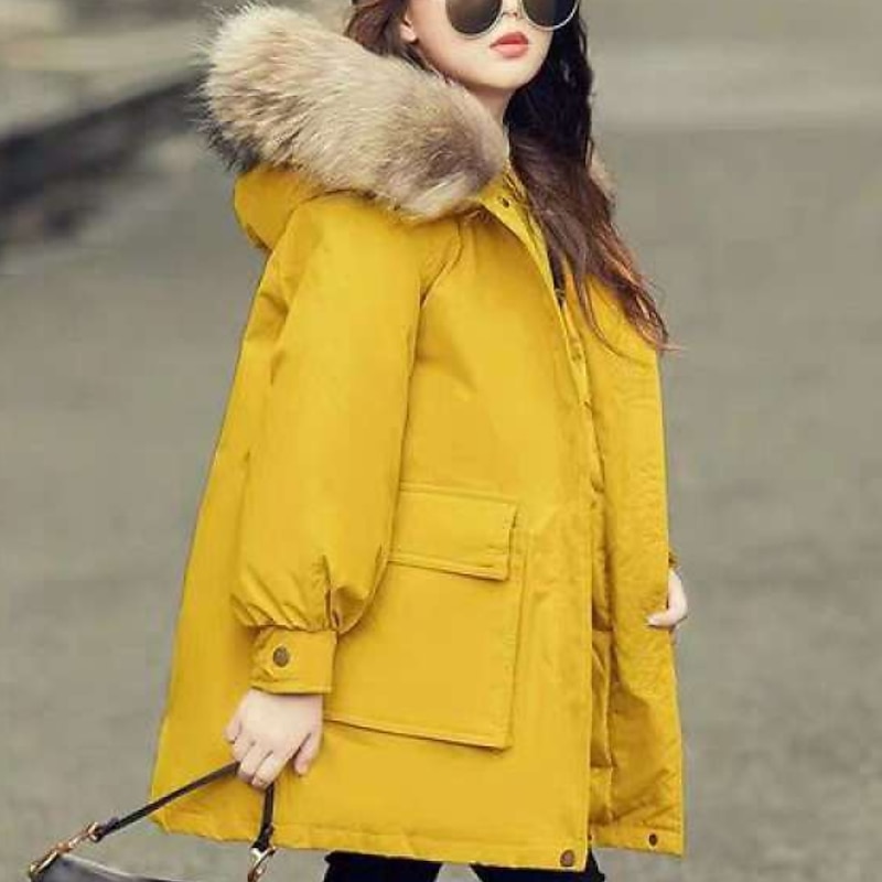 Kids Girls' Parka Outerwear Plain Long Sleeve Coat School Active Adorable Black Yellow Winter Fall 3-13 Years4