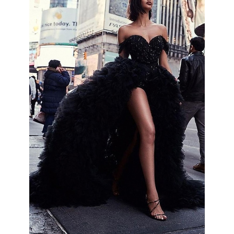 Jumpsuits Evening Gown Sparkle & Shine Dress Masquerade Quinceanera Court Train Short Sleeve Off Shoulder Detachable Sequined with Overskirt Pure Color2