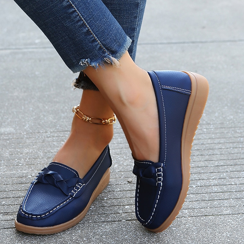 Women's Navy Blue Loafers – Comfortable Slip-On Moccasins with Bow Accent and Non-Slip Sole for Casual Everyday Wear