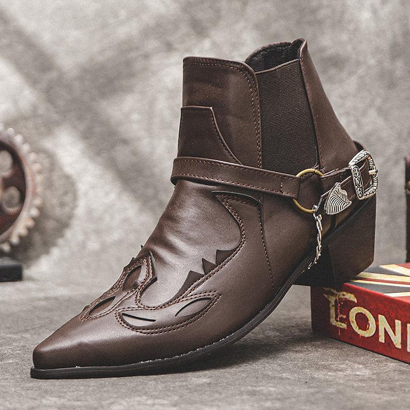 Men's Black Leather Western Motorcycle Boots - Embroidered Design with Metal Buckle and Chain for Biker and Fashion Wear4