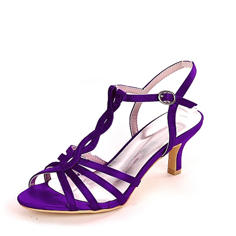 Women's Satin Purple Strappy Mid-Heel Sandals – Elegant Open-Toe Design with Buckle Strap for Weddings, Evening Parties and Special Occasions