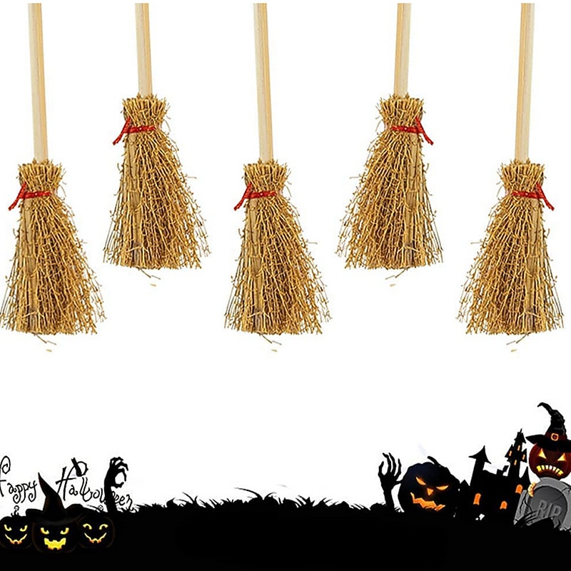 10/20pcs Halloween Mini Broom Red Rope Straw Brooms Hanging Decorations for Halloween Party Costume Witch Broom Dollhouse Accessories