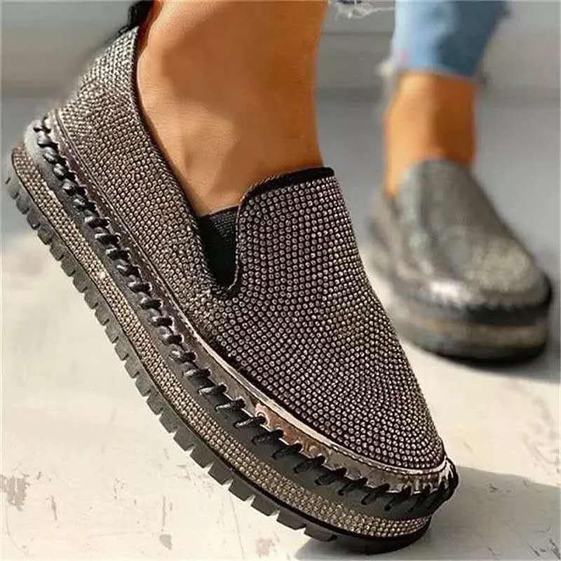 Women's Slip-Ons Comfort Shoes Plus Size Daily Rhinestone Flat Heel Round Toe Casual PU Leather Loafer Solid Colored Silver Black Pink4