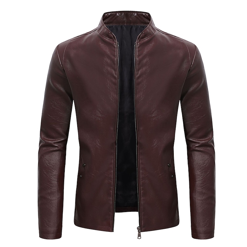 Men's Faux Leather Jacket Transition Jacket Biker Jacket Red Leather Jacket Formal Street Thermal Warm Windproof Adjustable Fall Pure Color Formal Stand Collar Regular Regular Faux Leather Slim Black4