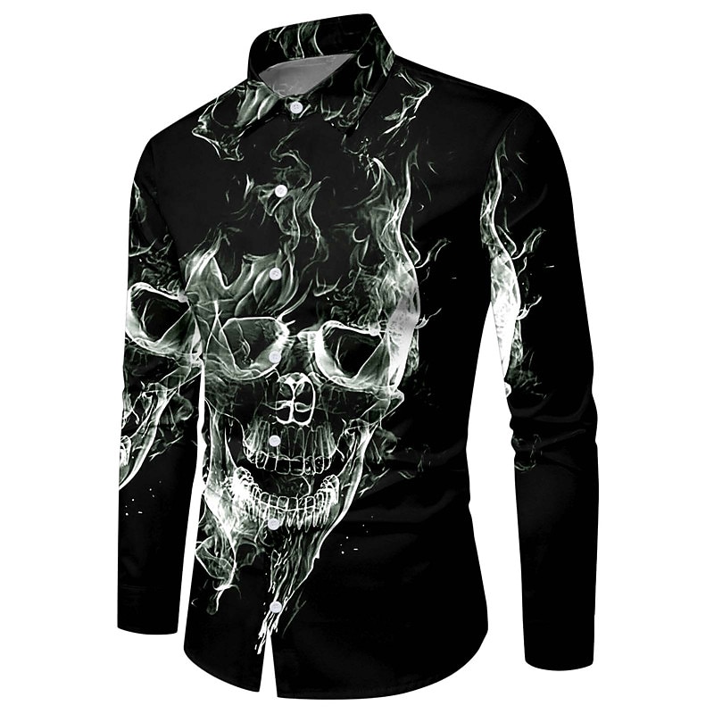 Men's Shirt Graphic Shirt Skull Turndown Black 3D Print Outdoor Halloween Long Sleeve Print Button-Down Clothing Apparel Vintage Cool Designer Casual