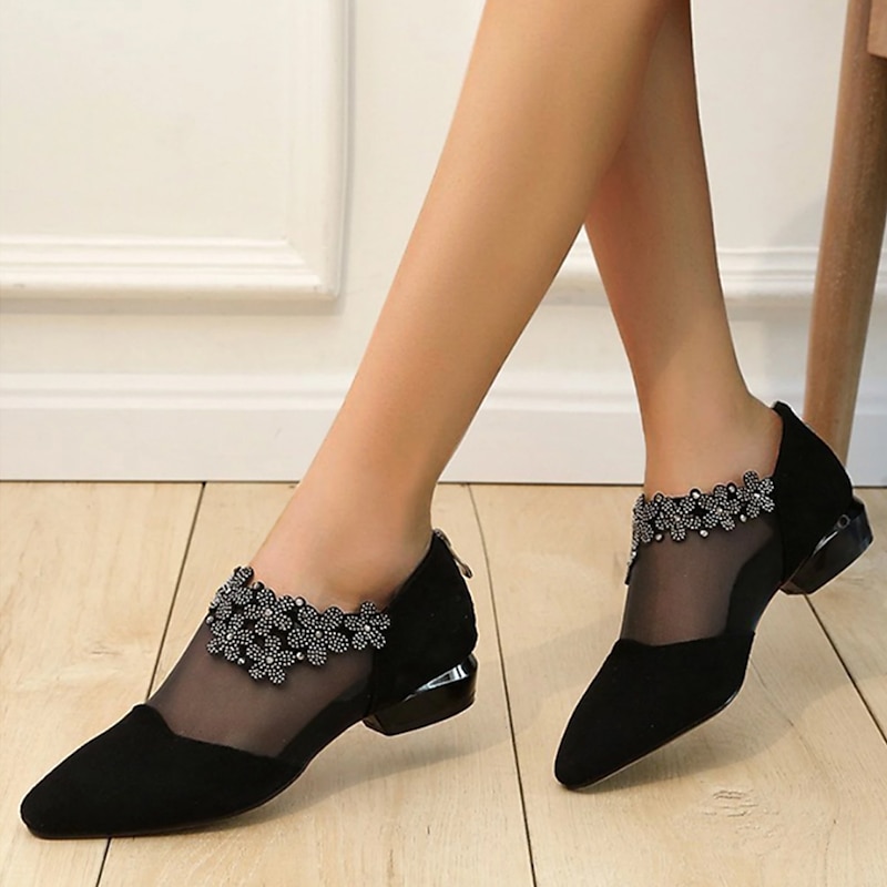 Women's Black Mesh Ankle Boots with Floral Rhinestone Embellishments - Elegant Low Heel Pointed Toe Shoes for Formal Events and Parties2