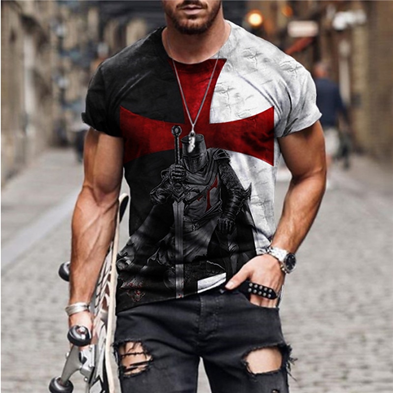 Men's Unisex Templar Cross Graphic Prints Soldier T Shirt Christian T Shirts Short Sleeve T shirt 3D Print Crew Neck Shirt Sports Designer Casual Outdoor Street Daily Black Summer Clothing Apparel