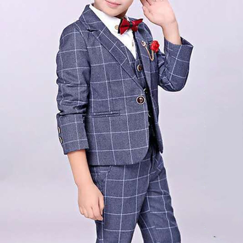 3 Pieces Ring Bearer Suit Boys Kids Suit Formal Suit Suit & Blazer Tank & Pants Formal Anniversary Cool Gentle Plaid Wine Blue Gray Cotton3