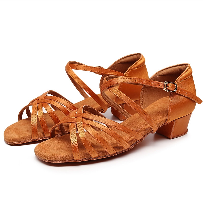 Women's Tan Strappy Low Heel Latin Dance Shoes with Soft Suede Sole – Breathable Satin Ballroom Sandals for Practice & Performance2