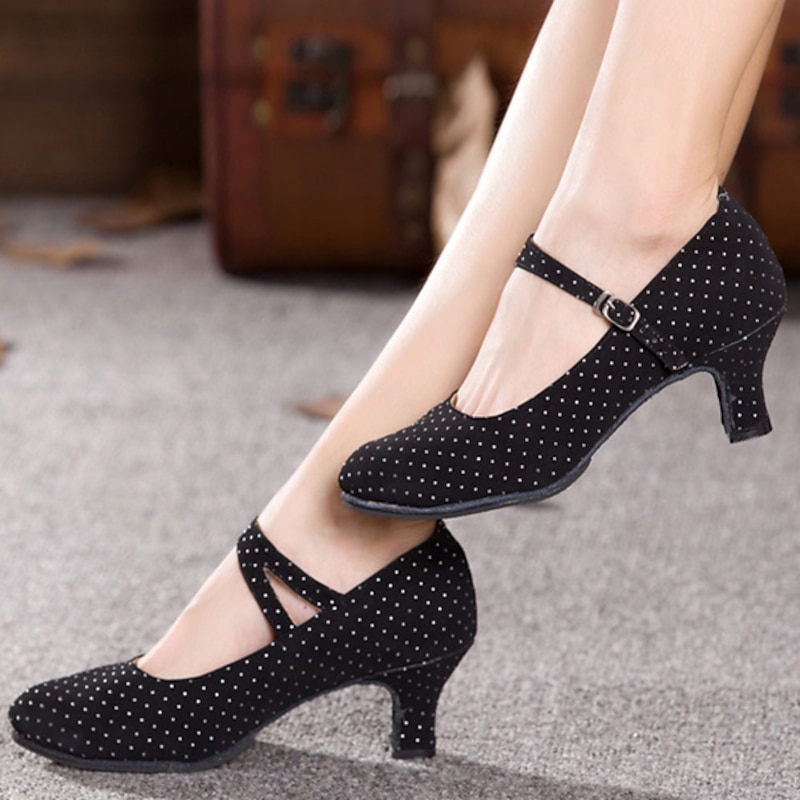 Women's Vintage Polka Dot Dance Shoes - Mid-Heel Mary Jane Style with Cross Strap for Ballroom, Latin, and Performance Events4