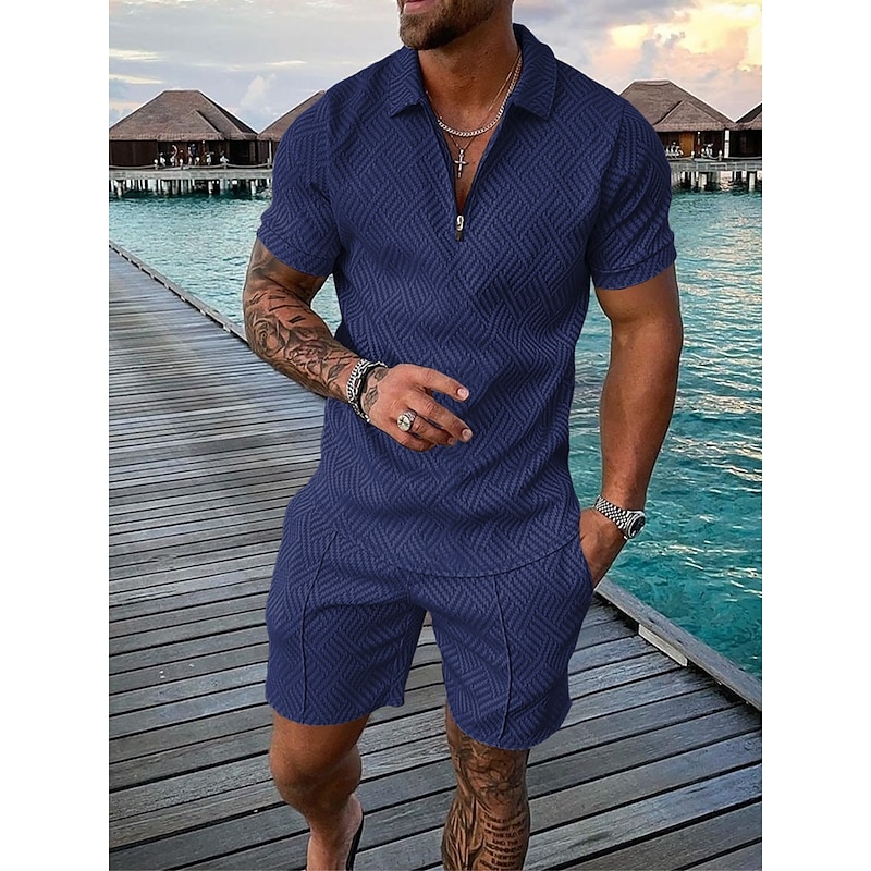 Men's Character Polo Shirts Shirt Suits Short Sleeves Shirt V Neck Men's leisure suit Outdoor Vacation 3D Print Black-White Black Navy Blue Gray Light Blue Zipper Braided Clothing Apparel Casual4