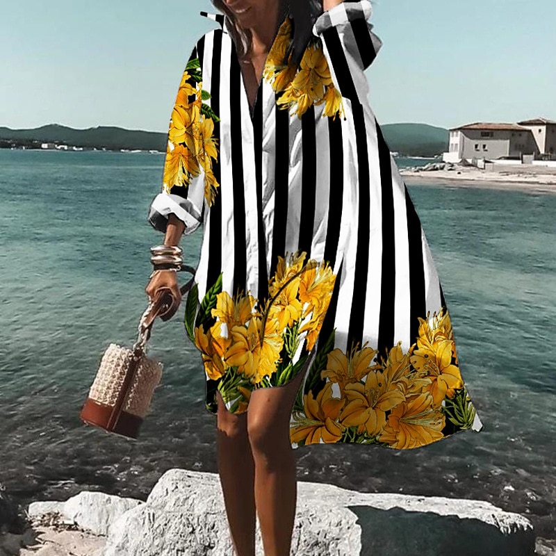 Women's Shirt Dress Casual Dress Swing Dress Midi Dress Outdoor Winter Dress Daily Fashion Stylish Shirt Collar Rolled Cuff High Low dress Long Sleeve Summer Spring Fall 2023 Loose Fit3