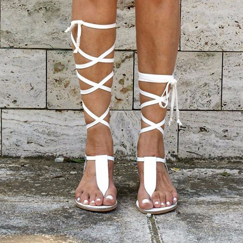 Women's Black Gladiator Lace-Up Knee-High Sandals – Boho Flat Strappy Roman Sandals for Summer, Beach, and Festival Wear2