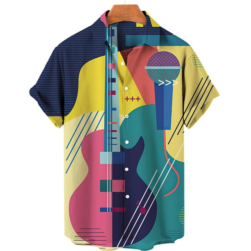 Men's Boardmasters Guitar Musical Instrument Shirt Button Up Shirt Short Sleeve Fashion Designer Casual Outdoor Holiday Summer Spring Turndown Print Button-Down White Yellow Navy Blue Dark Green Camel3