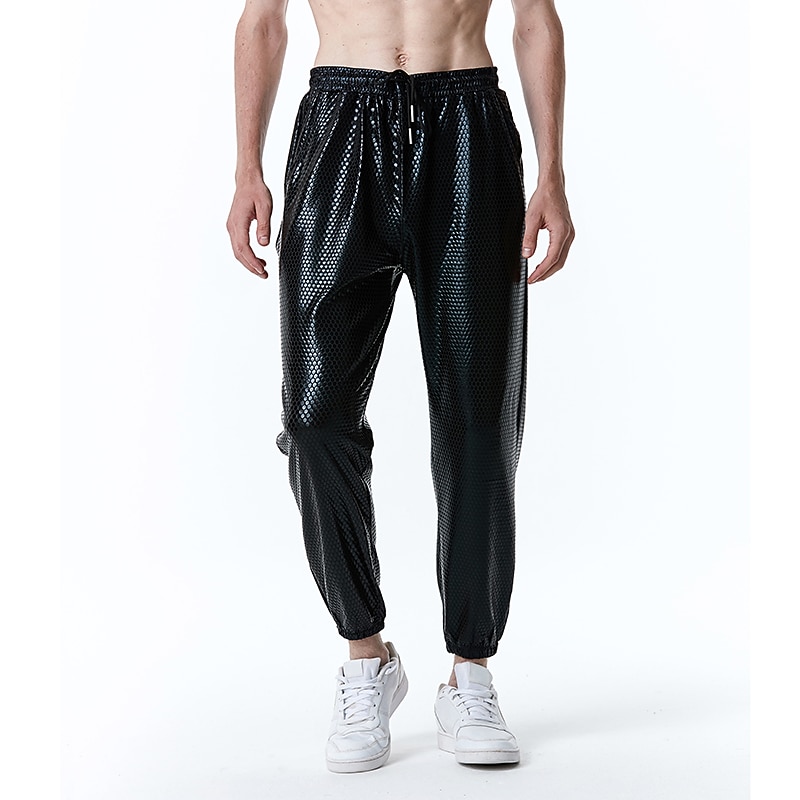 Men's Joggers Trousers Chinos Casual Pants Sequin Pants Drawstring Elastic Waist Shiny Metallic Solid Color Nightclub Disco Lights Casual Hip Hop Silver Black2