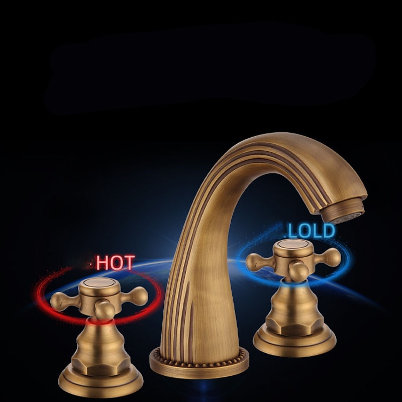 Widespread Bathroom Sink Mixer Faucet, Vintage Brass 3 Hole 2 Handles Basin Taps, Retro Style Bathroom Tap Contain with Cold and Hot Water Hose2